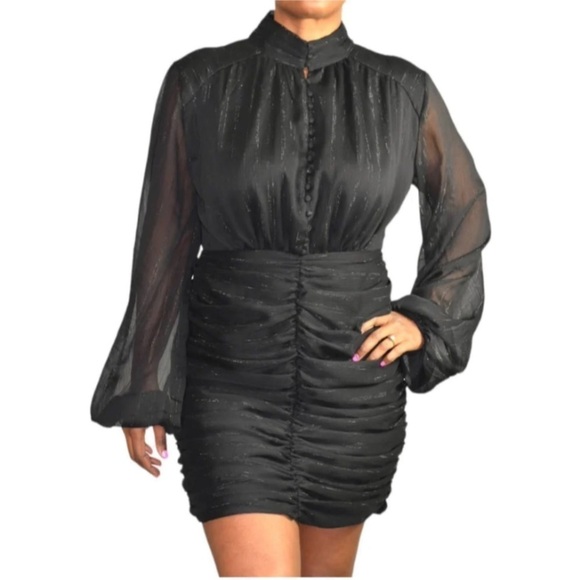 House of Harlow 1960 Black Ruched Button Mini Dress - Picture 1 of 8